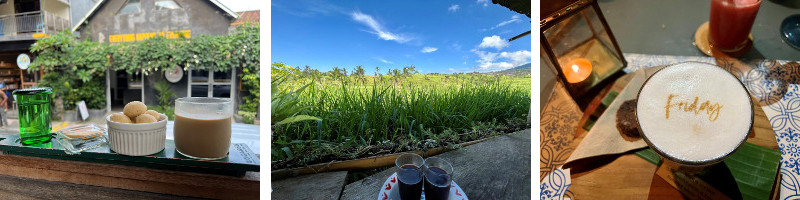 v.l.n.r. Seniman Coffee, Kaffee in den Reisterrassen, Cappuccino im Meliá Bali